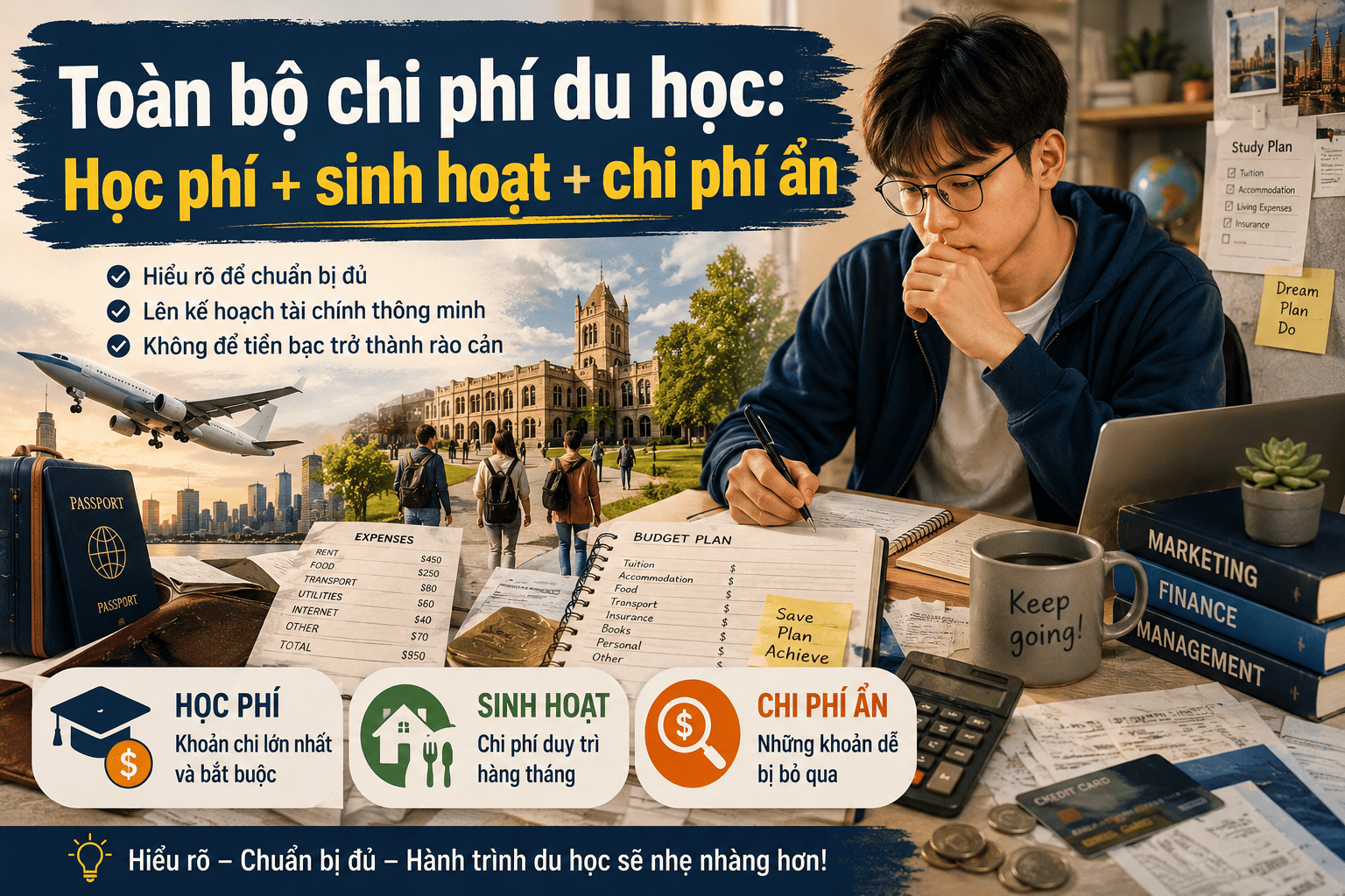 Toàn bộ chi phí du học: Học phí + sinh hoạt + chi phí ẩn