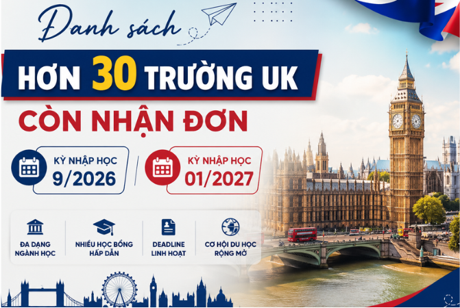 Danh sách hơn 30 trường UK còn nhận đơn 9/2026 và 01/2027