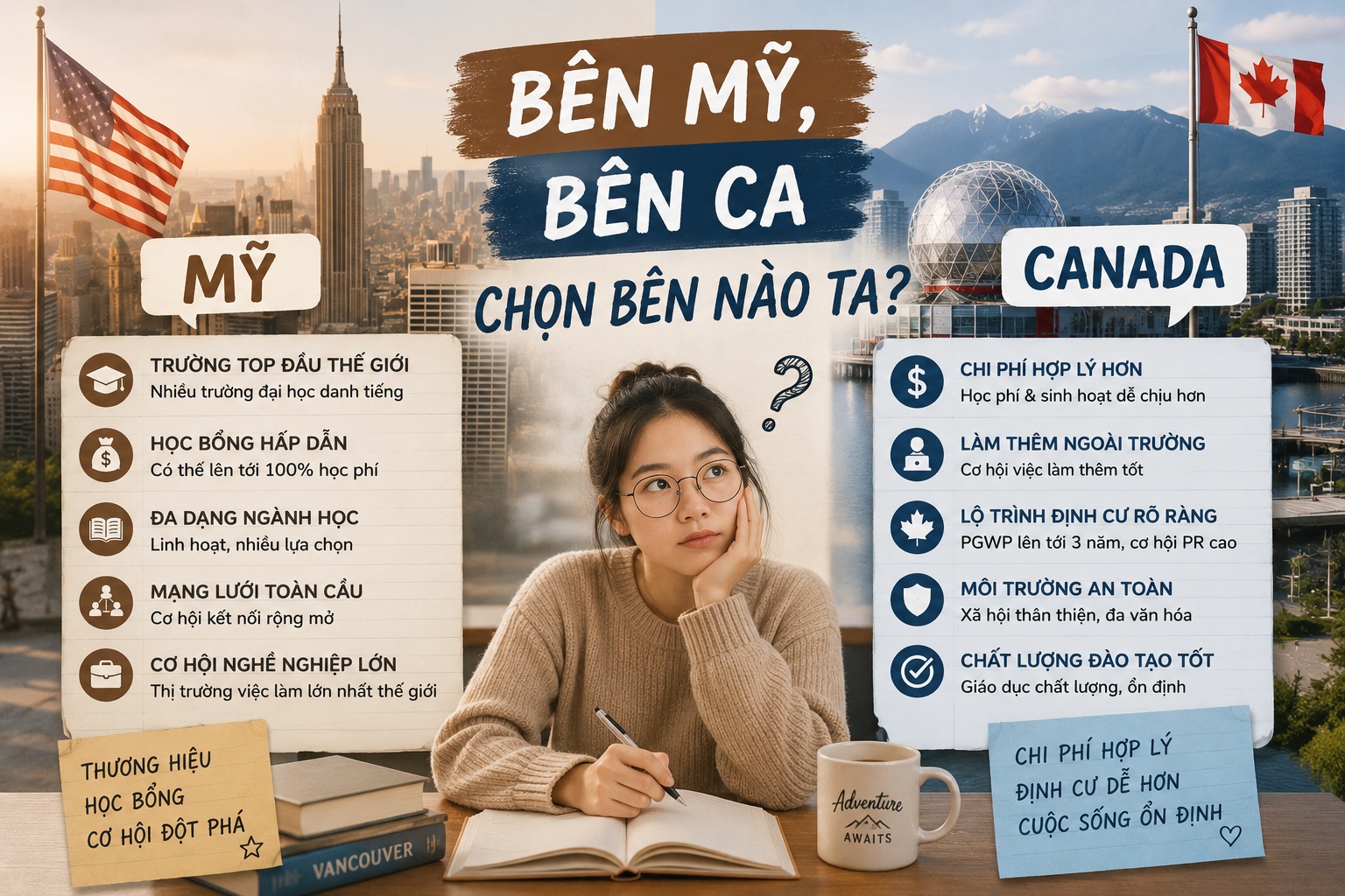 So sánh du học Mỹ và Canada: Chi phí, cơ hội định cư, ngành học, cơ hội việc làm
